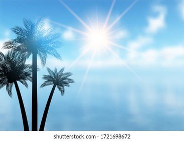 Fondo veraniego con una silueta de palmeras sobre un diseño oceánico desenfocado