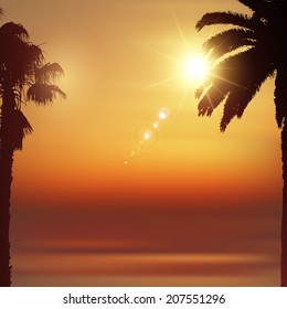Summer background with silhouettes of palm trees