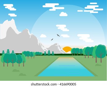Summer background for the site. Background for the site with the dawn sun. Summer Vector image of meadow, mountains, water. The rectangular lake on a background of mountains. Dawn of the sun in summer
