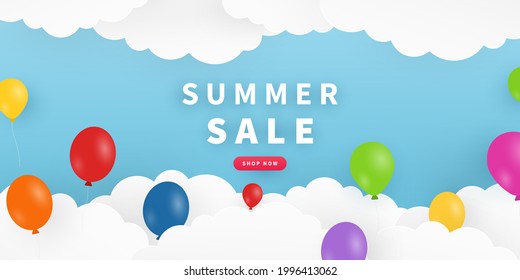 Fondo de verano con cielo, nubes, globos. Diseño de banner de venta de verano en estilo de corte de papel. Banner de diseño de fondo de color. Ilustración vectorial.
