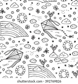 Summer background. Sky Seamless pattern. Hand drawn doodle Rainbow, kite flying, sun, clouds. Background for kids. Children's wallpaper