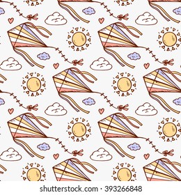 Summer background. Sky Seamless pattern. Hand drawn doodle kite flying, sun, clouds. Background for kids. Children's wallpaper