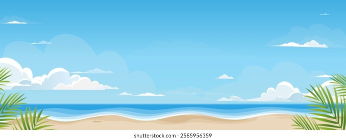 Summer background, Sky,cloud over sea blue ocean with water waves on sand beach with coconut palm leaves,Vector Cartoon Nature landscape with copy space for Travel,Holiday Vacation banner,Sale,Promote