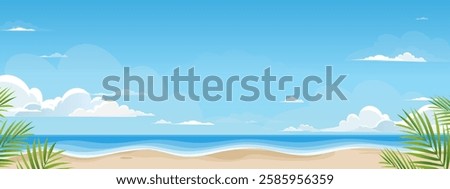 Summer background, Sky,cloud over sea blue ocean with water waves on sand beach with coconut palm leaves,Vector Cartoon Nature landscape with copy space for Travel,Holiday Vacation banner,Sale,Promote