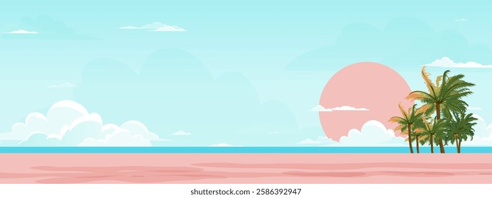 Summer background, Sky,cloud,sun over sea blue ocean water on pink sand beach with coconut palm trees,Vector Cartoon Fantasy landscape with copy space for Travel Event ,Holiday Vacation banner,Sale