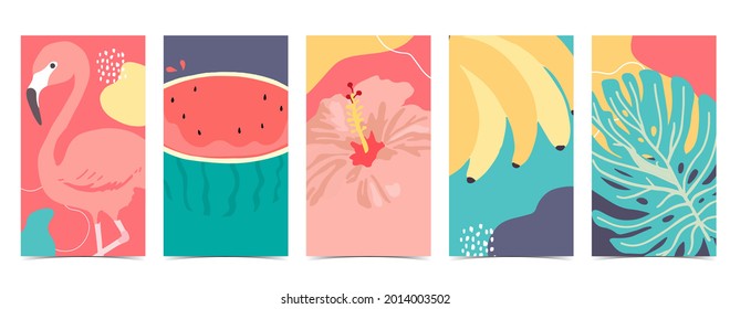 summer background for social media.Set of instagram story with flamingo,watermelon,banana