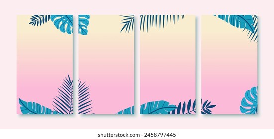 Summer background for social media stories with tropical leaves. Social media template stories in flat design. Stock illustration.
