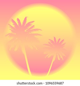 Summer background. Soft colors pink yellow sky, palm trees. Summer exotic beach with palm trees. Palm, sun, beach, sunrise, sunset. Summer concept. Template for posters, flyers, postcards Vector EPS10