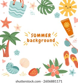Summer background of square shape with space for text. Icons of decorative elements on the theme of summer holidays. All elements are isolated, vector illustration