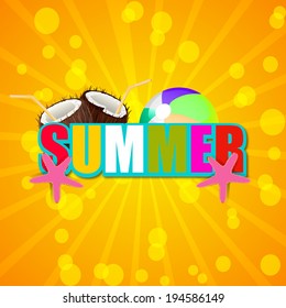 Summer background with star fish, ball and coconut.