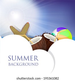 Summer background with star fish, coconut and ball. 