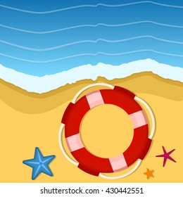 Summer background with starfish and lifebuoy in sand. Vector illustration.