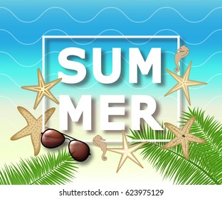 Summer background with with starfish and sunglasses. Vector illustration template, banners. Wallpaper, flyers, invitation, posters brochure