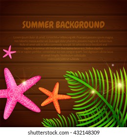 Summer background with starfishes and palm leaves with place for text. Vector illustration