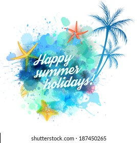 Summer background with starfishes, palm trees and seashells on abstract watercolor splash