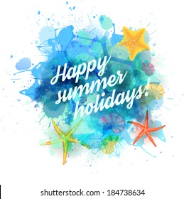 Summer background with starfishes and seashells on abstract watercolor splash