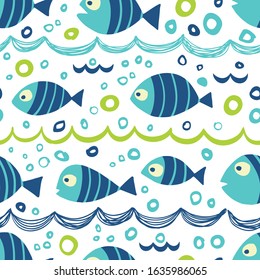 Summer background with striped fish. Seamless vector background for baby textiles, prints and more.
