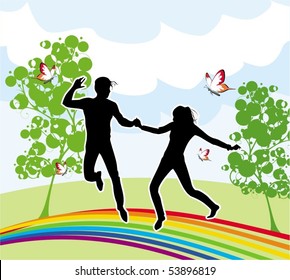 Summer background with stylized people, tree, butterflies and rainbor