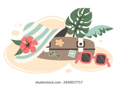 Fondo de verano con maleta, sombrero, gafas de sol. Concepto de viaje de verano. Viajar de vacaciones con artículos de turismo. Bolsa de viaje con pegatinas, hojas de palma, arena.  Ilustración vectorial para agencia de viajes