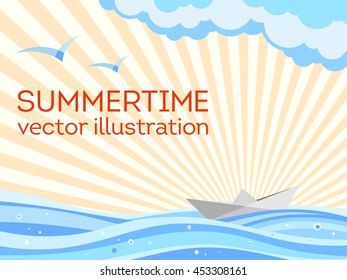 Summer background. Summertime theme. Paper ship origami sailing on the waves, seagulls, sun rays and clouds. Vector illustration.