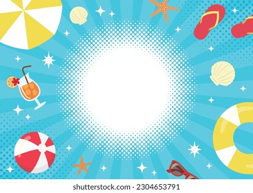 Summer background with sun and beach items. Vector illustration. 