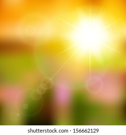 Summer background with sun burst with lens flare. Space for your text.