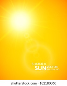 Summer background with a summer sun burst with lens flare, orange vector illustration