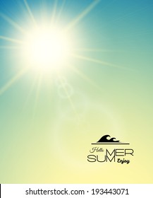 Summer background with a summer sun burst with lens flare, green sunset vector illustration