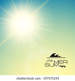 Summer background with a summer sun burst with lens flare, green sunset vector illustration