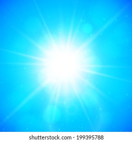 Summer background with a summer sun burst with lens flare, blue vector illustration
