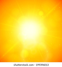 Summer background with a summer sun burst with lens flare, orange vector illustration