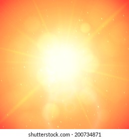 Summer background with a summer sun burst with lens flare, orange vector illustration