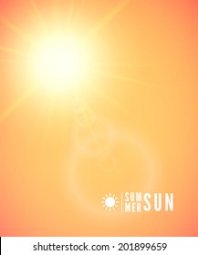 Summer background with a summer sun burst with lens flare, orange vector illustration