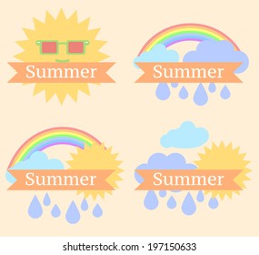 Summer background with sun, clouds, rainbow and rain