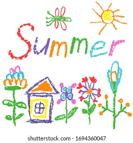 Summer Background With Sun, House, Tree, Blossom Flowers, Grass. Like Kids Colorful Hand Drawn Crayon, Pastel, Chalk Or Pencil Artistic Stroke. Outdoor Or Plant Garden Child Funny Doodle Vector Art