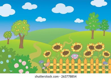 Summer background with sunflowers, bushes, trees, meadows and cute yellow fence 