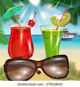 Summer background with sunglasses and cocktails.