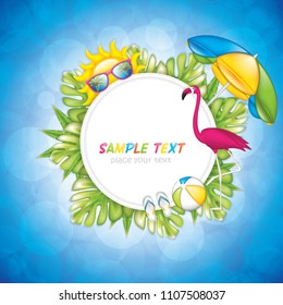 Summer background with sunglasses, flamingo, sun, tropical plants and beach umbrella, realistic vector illustration