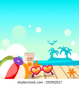 Summer background with sunglasses, flip flops, suncream, ball and island view from wooden pier