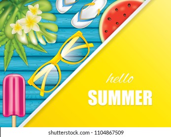 Summer background with sunglasses, ice cream, watermelon, slippers and palm leaves, minimalist concept vector