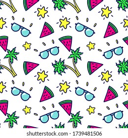 Sommerlicher Hintergrund mit Sonnenbrille, Palmen, Wassermelone und Sternen. Handgezeichneter Stil in Vektor.