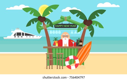 Summer background - sunny beach. Merry Christmas and New Year. Sea, yacht,palm tree and cute bartender santa. Modern flat design. Vector illustration.