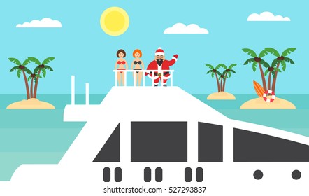 Summer background - sunny beach. Sea,palm tree and asian santa on yacht.Girls in bikinis.Merry Christmas and New Year. Vector illustration.Modern flat design.