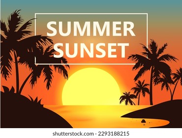 fondo de verano. La puesta de sol de verano sobre el fondo de las palmeras. Atardecer sobre el mar. Dejando caer la puesta de sol de verano sobre el fondo del cielo nocturno.Vector