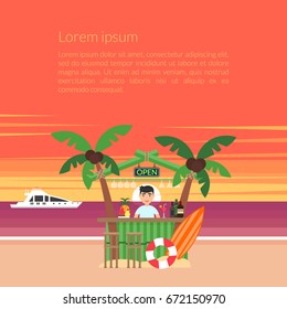 Summer background - sunset beach. Poster the vacation at the ocean. Sea, yacht, bar and a palm tree. The sun going down over the horizon is sunset. Vector illustration. Modern flat design.