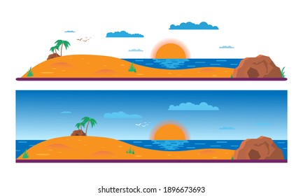 Summer background - sunset beach. Sea and a palm tree. Modern flat design. Vector illustration. EPS10