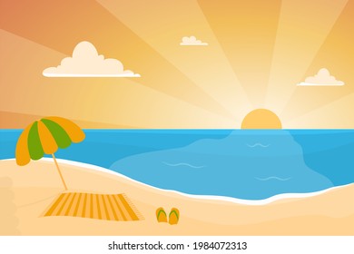 Summer background - sunset beach. Sea and sunset, on the beach an umbrella, sun lounger and flip-flops. Beach landscape in modern flat design. Vector background illustration.