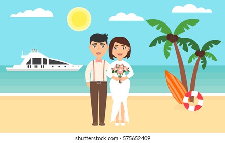 Summer background, sunset beach. The sea, yachts, palm trees and newly married couple. Wedding ceremony by the ocean.Modern flat design. Vector illustration.