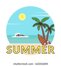 Summer background - sunset beach. Sticker in modern flat design. Sea, yacht and a palm tree. Vector illustration.