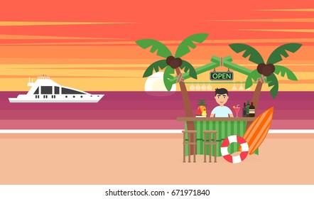 Summer background - sunset beach. Vacation at the ocean. The sun going down over the horizon is sunset. Sea, yacht, bar and a palm tree. Vector illustration. Modern flat design.